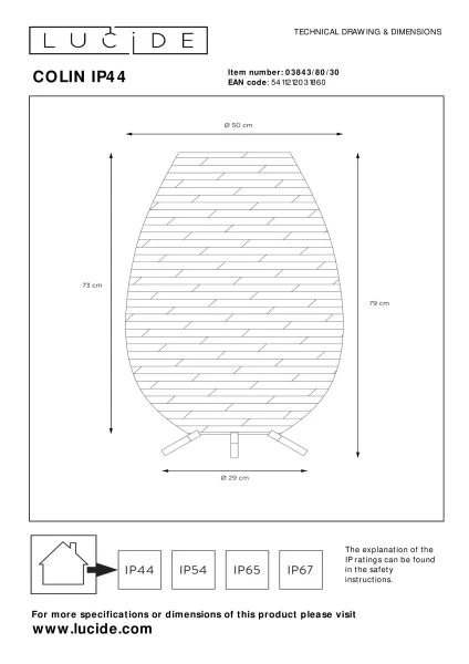 Lucide COLIN IP44 - Rechargeable Floor lamp Indoor/Outdoor - Battery pack- LED 3 StepDim - 1x3W 3000K - IP44 - Black - technical